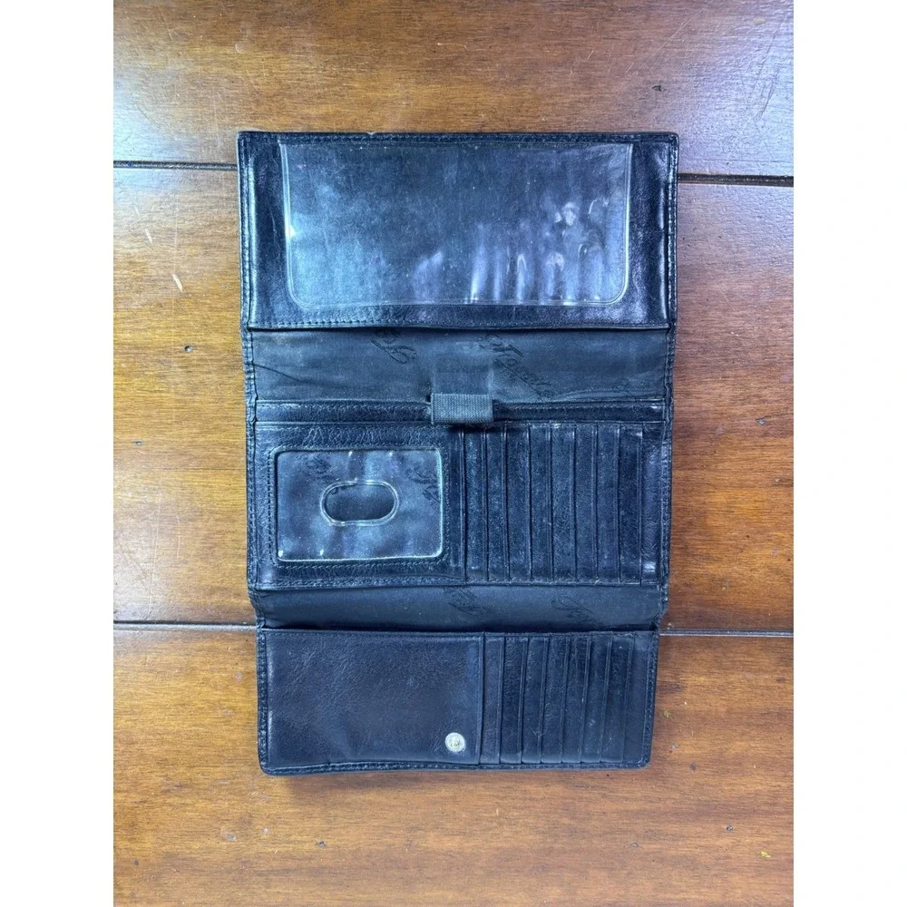 Fossil Trifold Wallet Womens OS Black Genuine Leather Snap ID Window Organizer